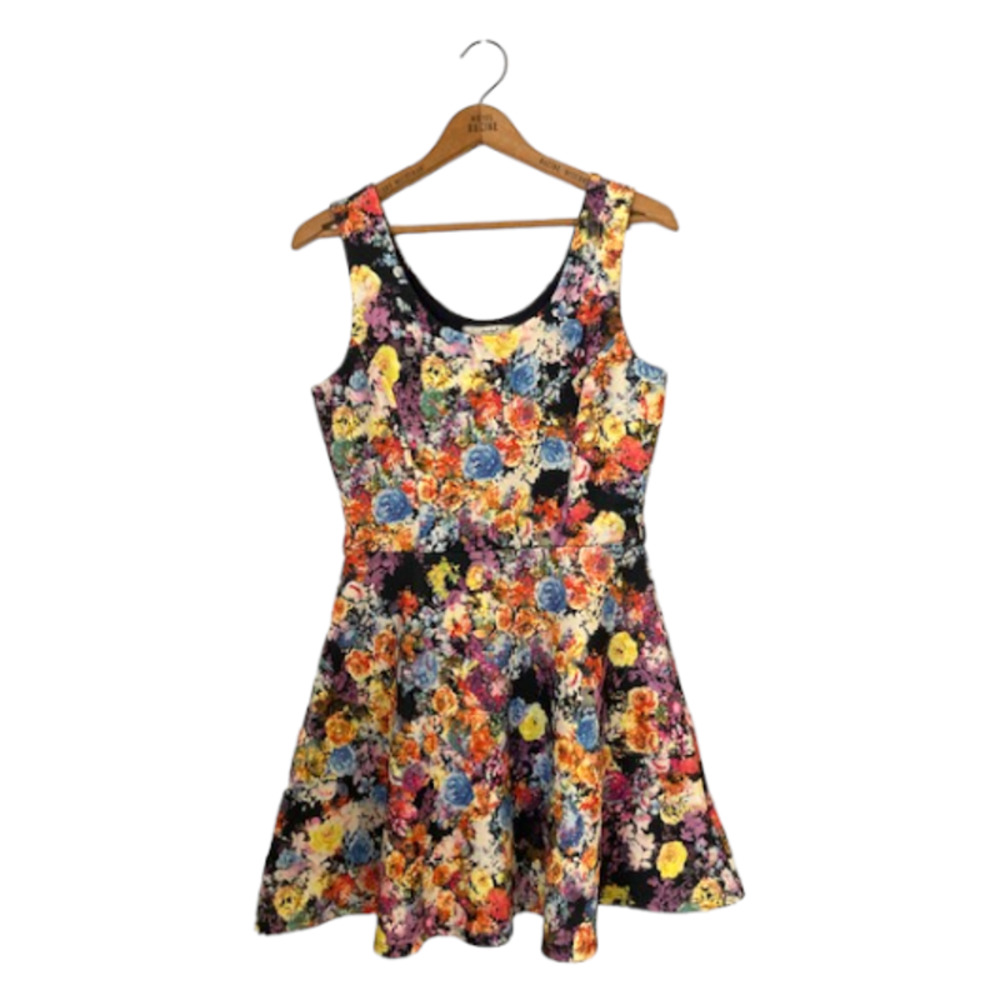 FLORAL Multicolored Dress - Papaya - Colorful Flower Pattern Skater Dress - L